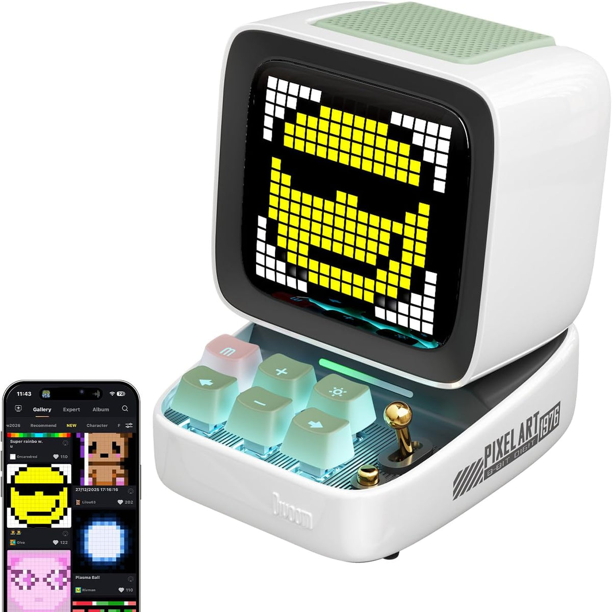 Ditoo Retro Pixel Art 15W Bluetooth Speaker,Cute Speaker with Alarm,White Noise & Mini Games,Iconic Desk Setup Speaker with 16X16 LED App Controlled Front Screen,Gifts for Anyone (White)