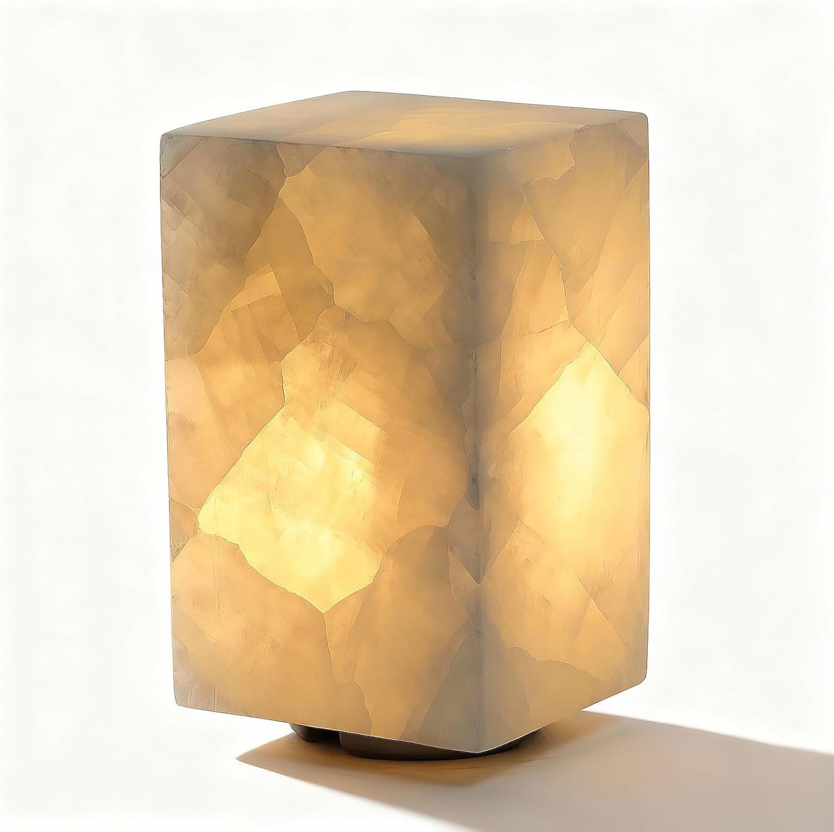 Natural Calcite Stone Table Lamp, Handcrafted Solid Stone Lamp with Unique Crystal Texture, Dimmable 3-Color LED, Modern Decorative Lamp for Bedroom Living Room-Cuboid White