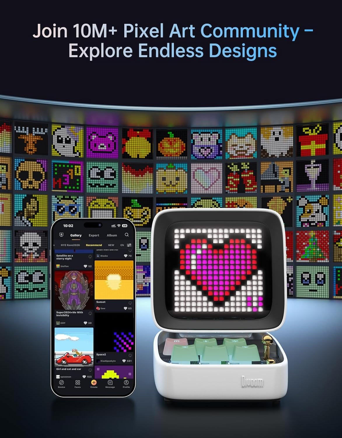 Ditoo Retro Pixel Art 15W Bluetooth Speaker,Cute Speaker with Alarm,White Noise & Mini Games,Iconic Desk Setup Speaker with 16X16 LED App Controlled Front Screen,Gifts for Anyone (White)