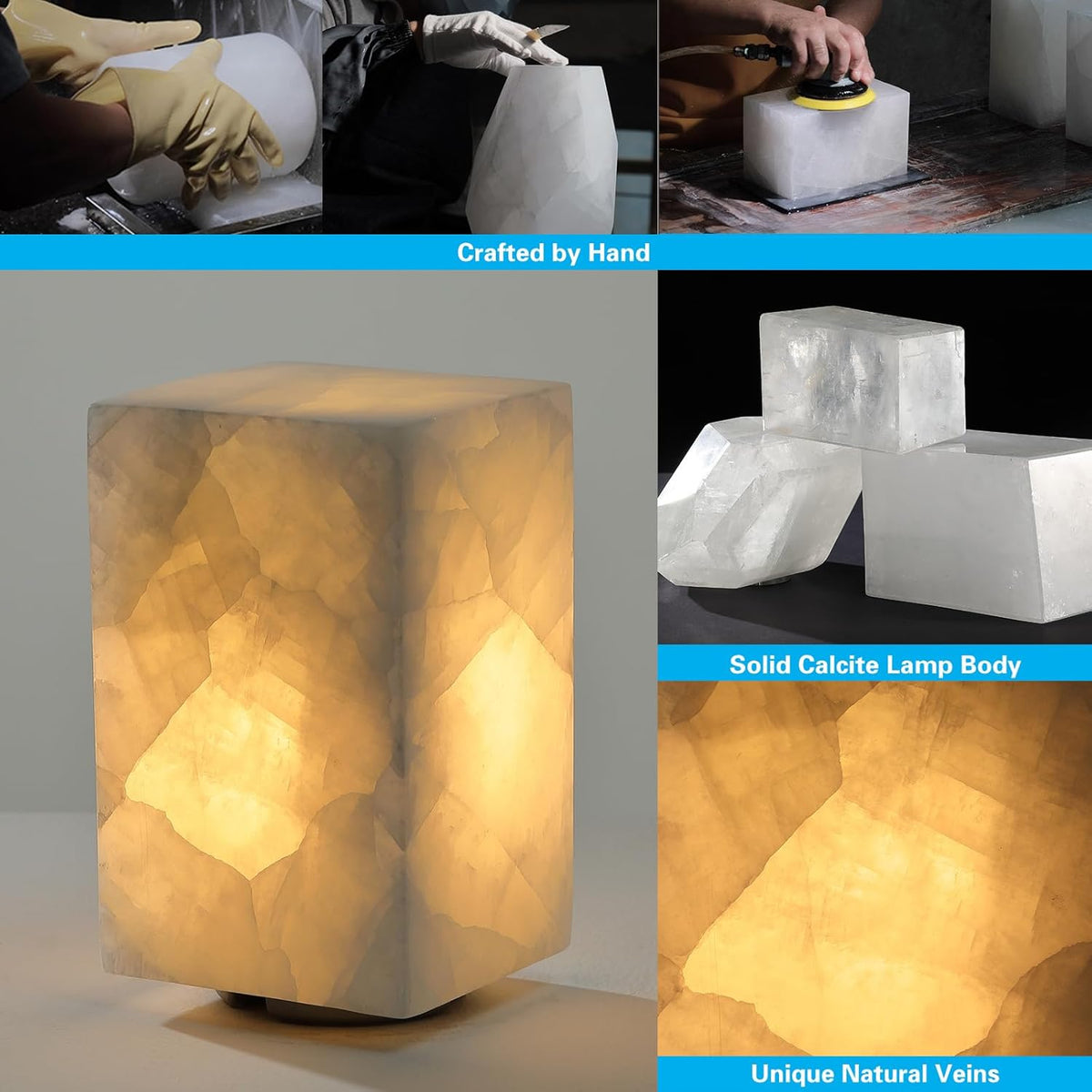 Natural Calcite Stone Table Lamp, Handcrafted Solid Stone Lamp with Unique Crystal Texture, Dimmable 3-Color LED, Modern Decorative Lamp for Bedroom Living Room-Cuboid White