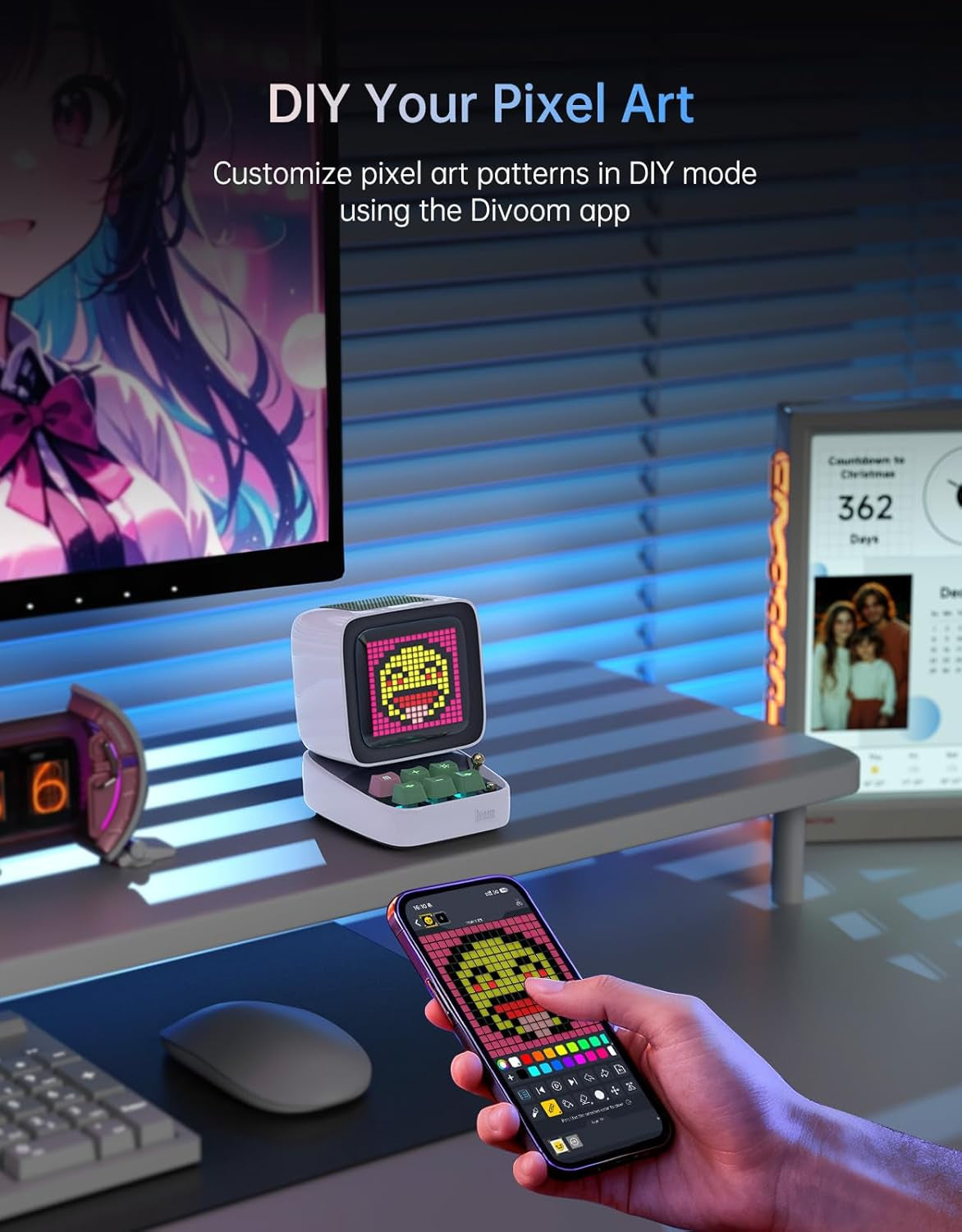 Ditoo Retro Pixel Art 15W Bluetooth Speaker,Cute Speaker with Alarm,White Noise & Mini Games,Iconic Desk Setup Speaker with 16X16 LED App Controlled Front Screen,Gifts for Anyone (White)
