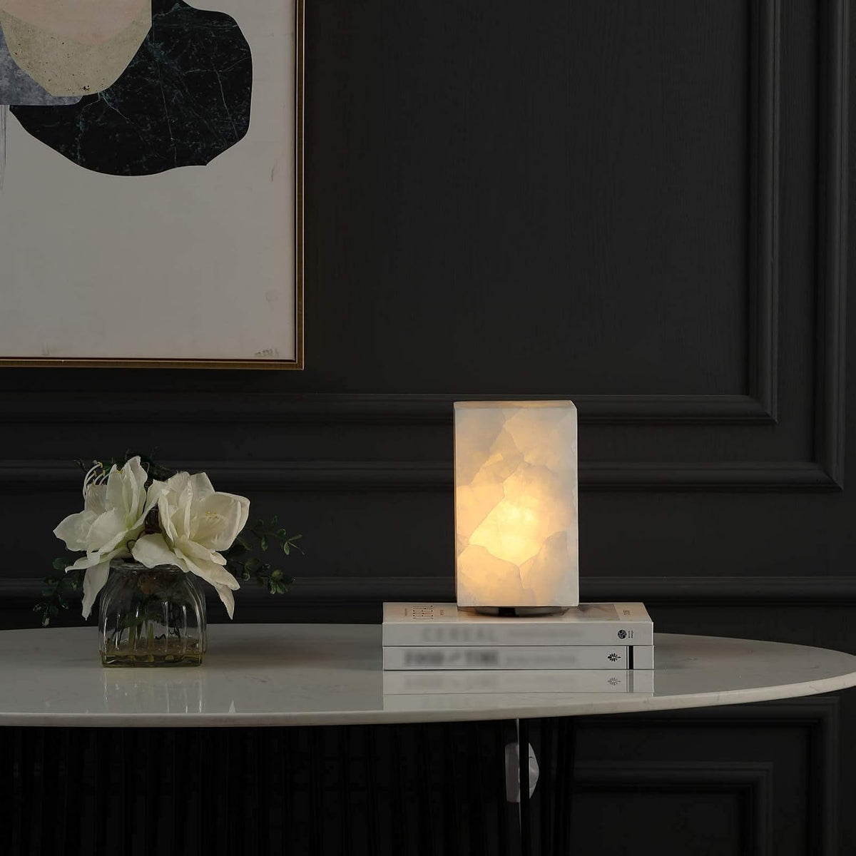 Natural Calcite Stone Table Lamp, Handcrafted Solid Stone Lamp with Unique Crystal Texture, Dimmable 3-Color LED, Modern Decorative Lamp for Bedroom Living Room-Cuboid White