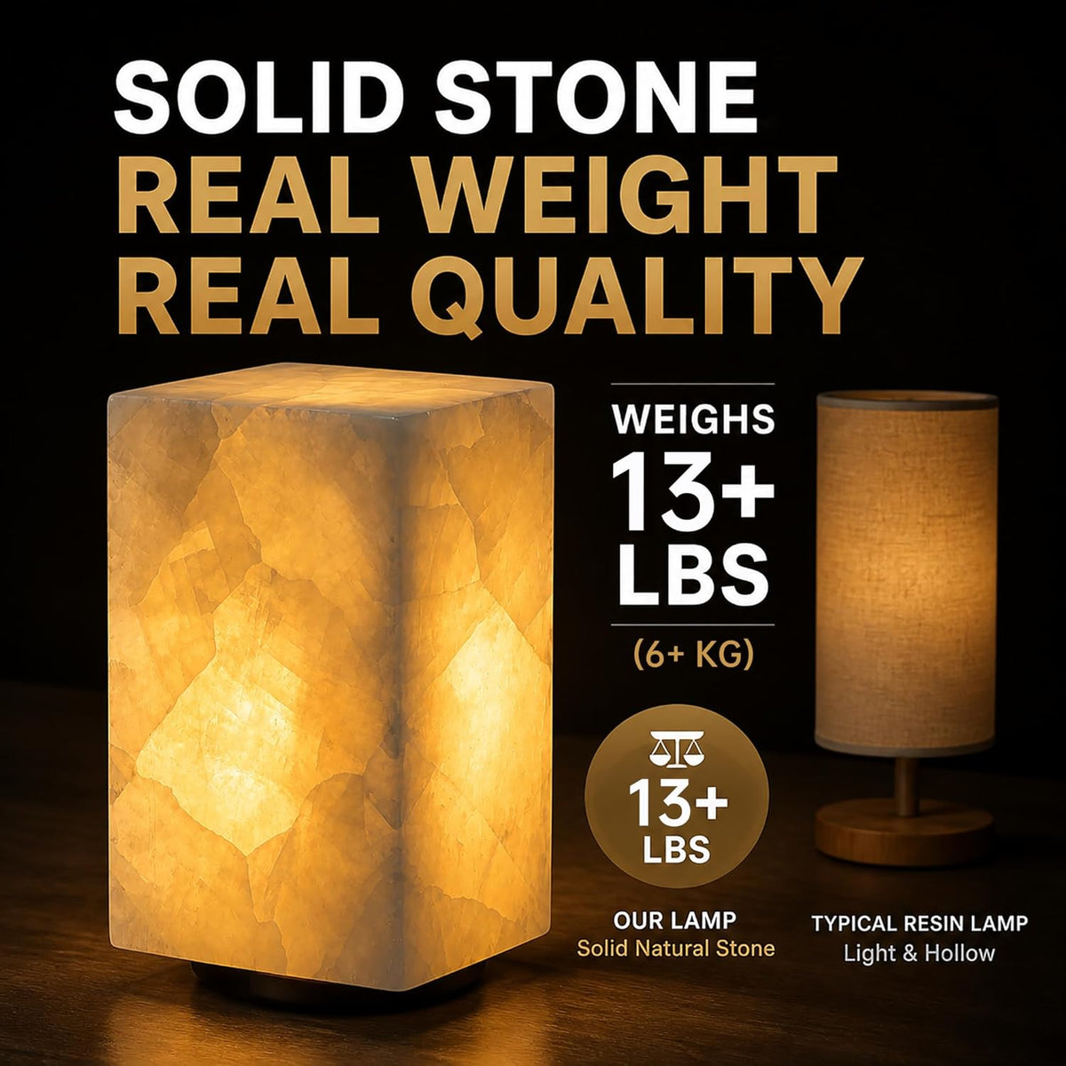 Natural Calcite Stone Table Lamp, Handcrafted Solid Stone Lamp with Unique Crystal Texture, Dimmable 3-Color LED, Modern Decorative Lamp for Bedroom Living Room-Cuboid White