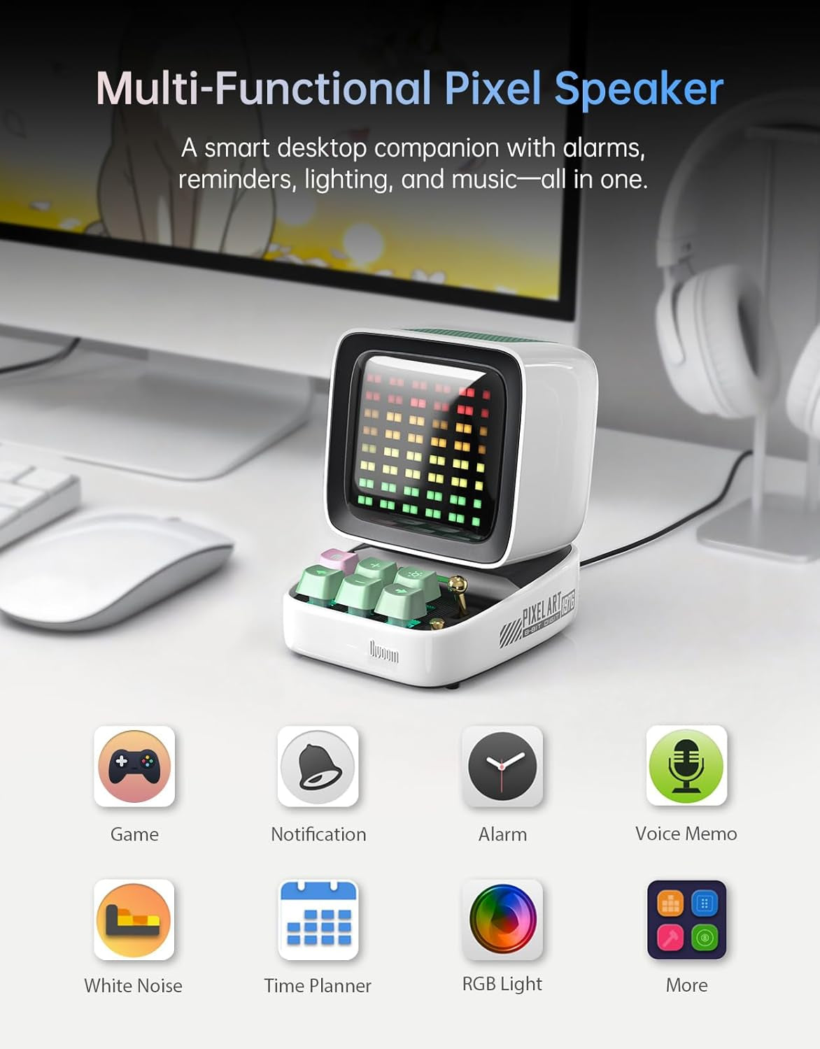 Ditoo Retro Pixel Art 15W Bluetooth Speaker,Cute Speaker with Alarm,White Noise & Mini Games,Iconic Desk Setup Speaker with 16X16 LED App Controlled Front Screen,Gifts for Anyone (White)